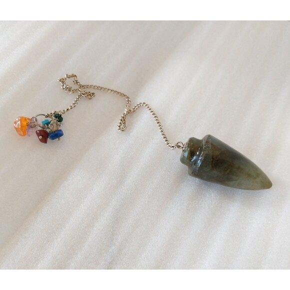 Crystal Pendulum Labradorite Chakra Chips Handmade Teardrop with Mini Stones - Picture 1 of 9